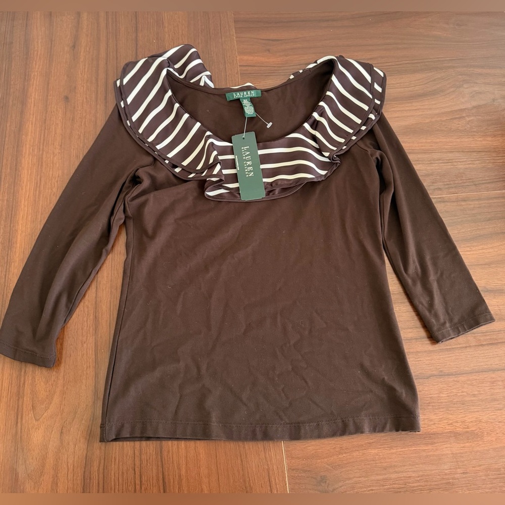 New Lauren Ralph Lauren Top Woman’s S Brown Striped Ruffle 3/4 Sleeve Rayon Bld - Picture 4 of 7